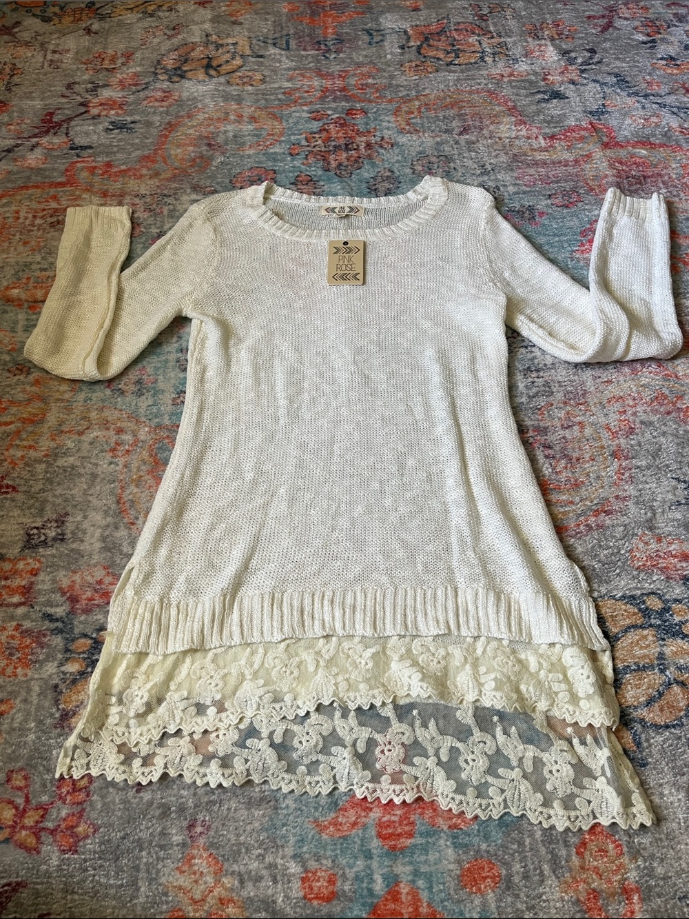 Pink Rose Cream Lace-Hem Long Sleeve Knit Top